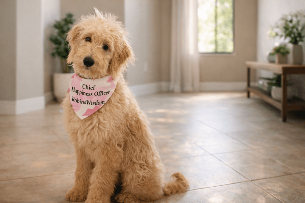 Goldendoodle named Hollywood wearing a “Chief Happiness Officer RobinsWisdom” bandana