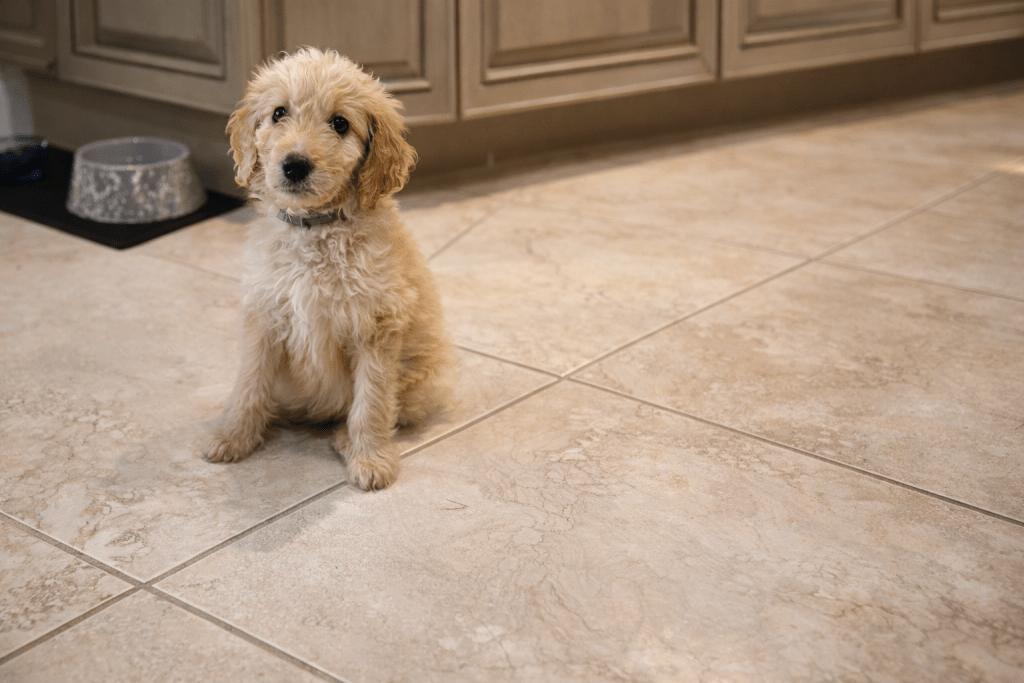 Goldendoodle puppy Hollywood sitting on a kitchen tile floor