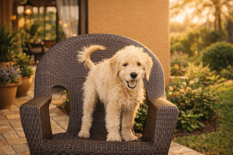 Goldendoodle puppy Hollywood standing on a patio chair outdoors