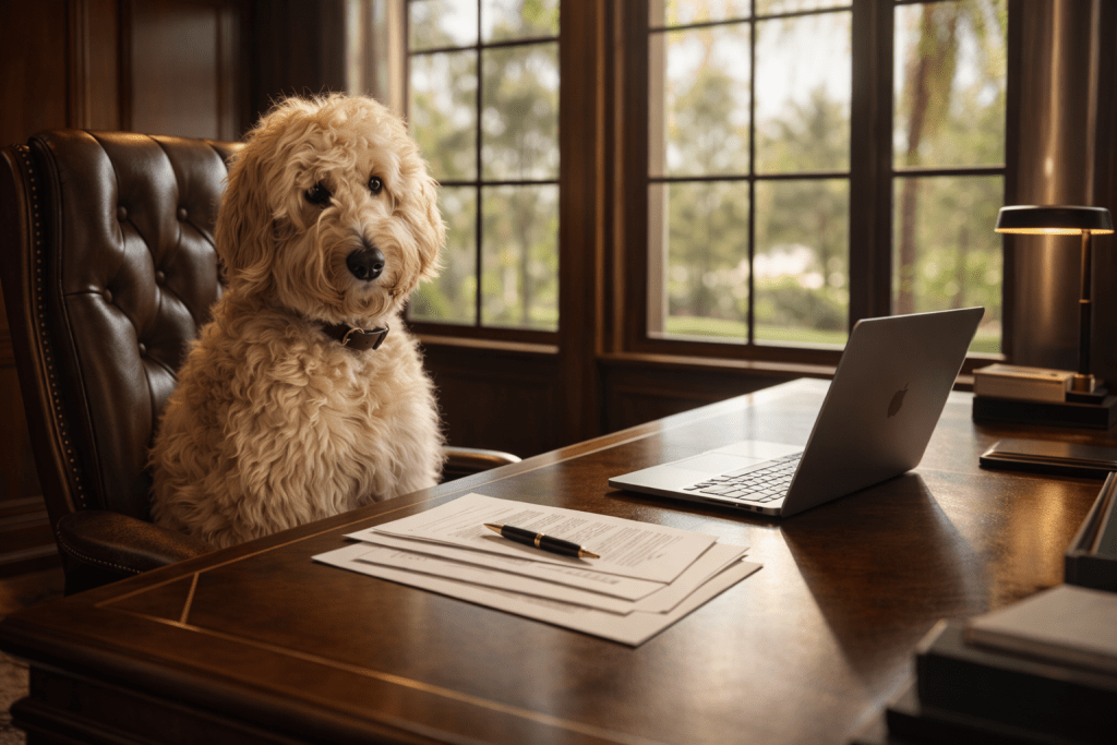 goldendoodle-hollywood-working-at-desk