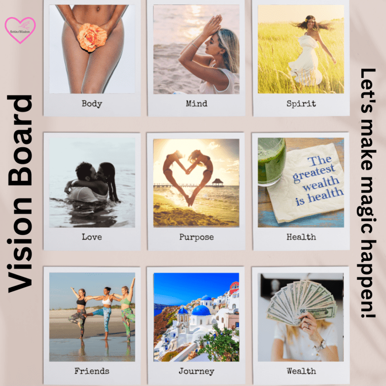 Vision board for women over 50 featuring body, mind, and spirit inspiration — wellness goals, beach travel, healthy aging, romance, self-care, and holistic lifestyle