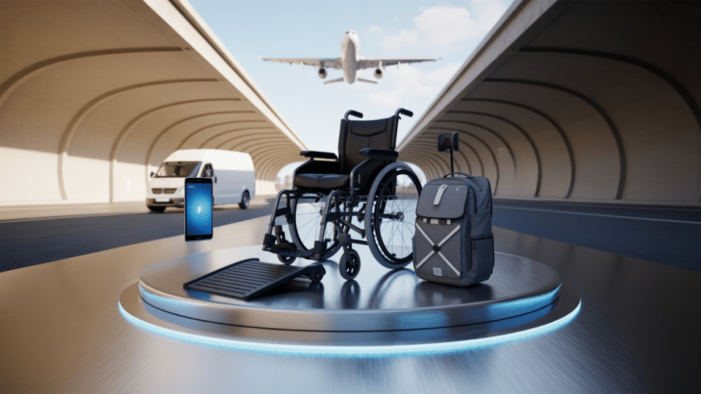 Wheelchair-accessible travel setup with a wheelchair, ramp, and luggage in an airport tunnel as an airplane departs, symbolizing accessible air travel.