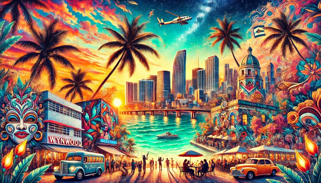 Colorful Miami skyline at sunset with Wynwood art, palm trees, beach scene, and city waterfront representing top attractions in Miami Florida