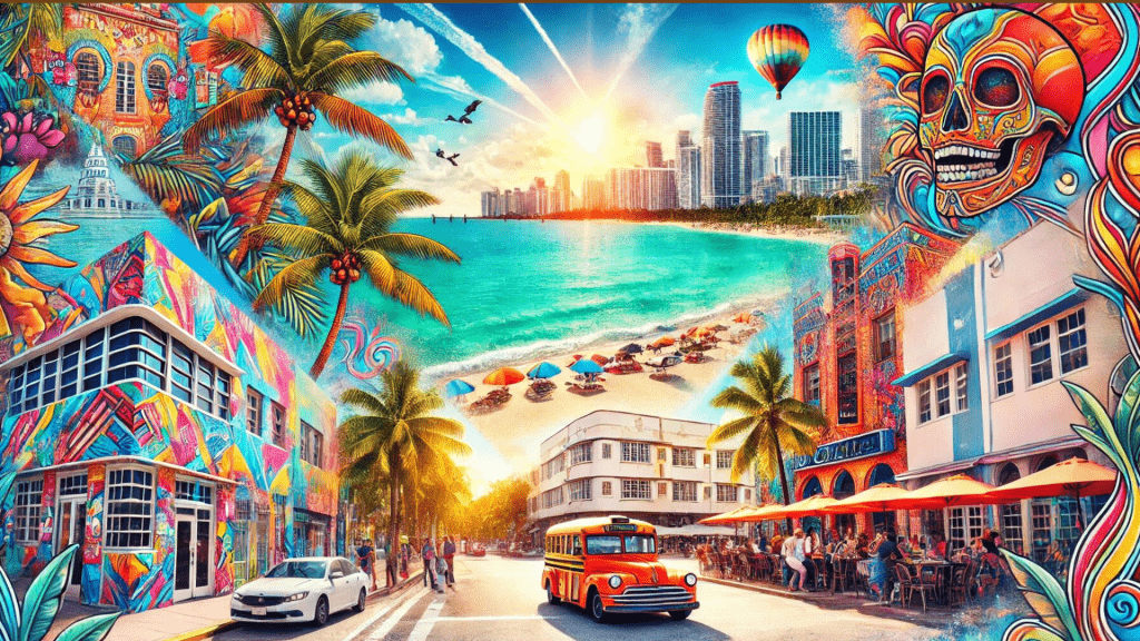 Vibrant Miami Florida travel scene with beach, skyline, Art Deco buildings, and Wynwood murals showcasing popular attractions in Miami