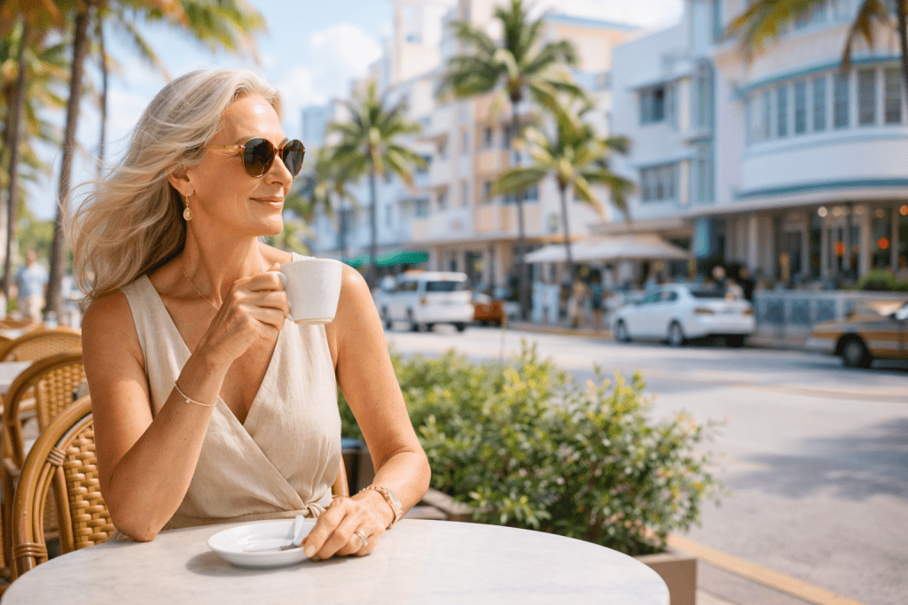 Elegant woman over 60 enjoying coffee at a Miami outdoor café with palm trees and pastel buildings