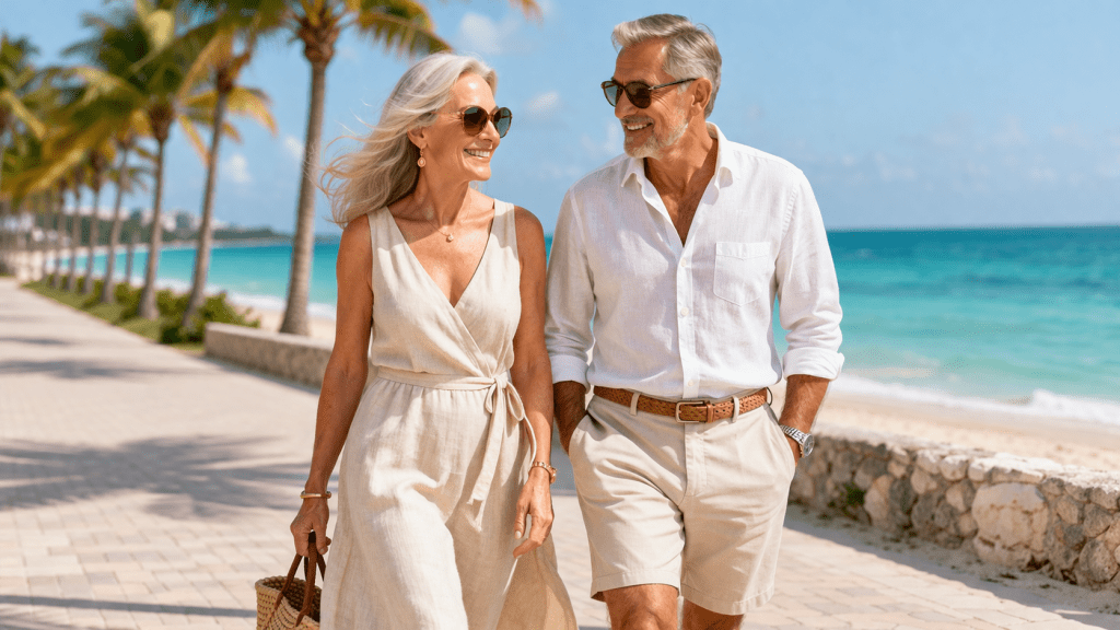 Couple over 50 enjoying a relaxed walk along Miami Beach promenade with ocean views