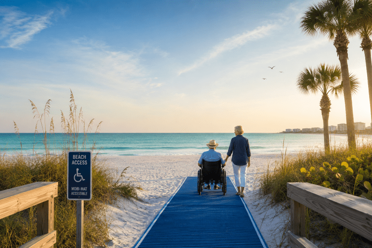 Older couple at a wheelchair-accessible Florida beach using a blue Mobi-Mat path to reach the shoreline.