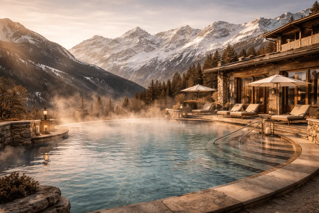 Alpine thermal spa in Bormio Italy with mountain views and outdoor hot springs