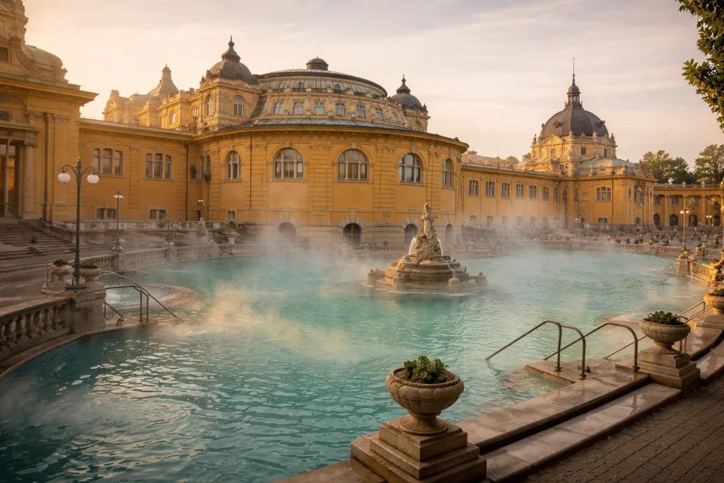 Széchenyi thermal bath in Budapest Hungary with outdoor spa pools and historic architecture