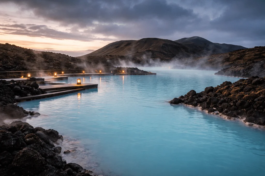 Geothermal spa in Iceland with blue mineral water and volcanic landscape