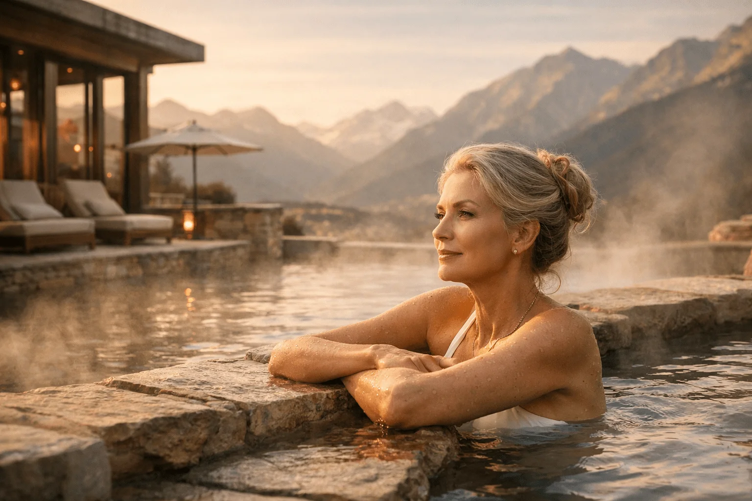 Luxury wellness retreat in Europe with mountain thermal spa and relaxing pool