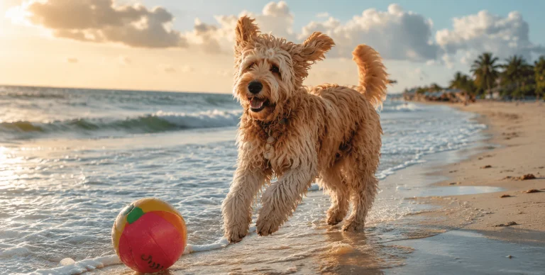 Goldendoodle playing with a colorful ball along the shoreline at Cocoa Beach