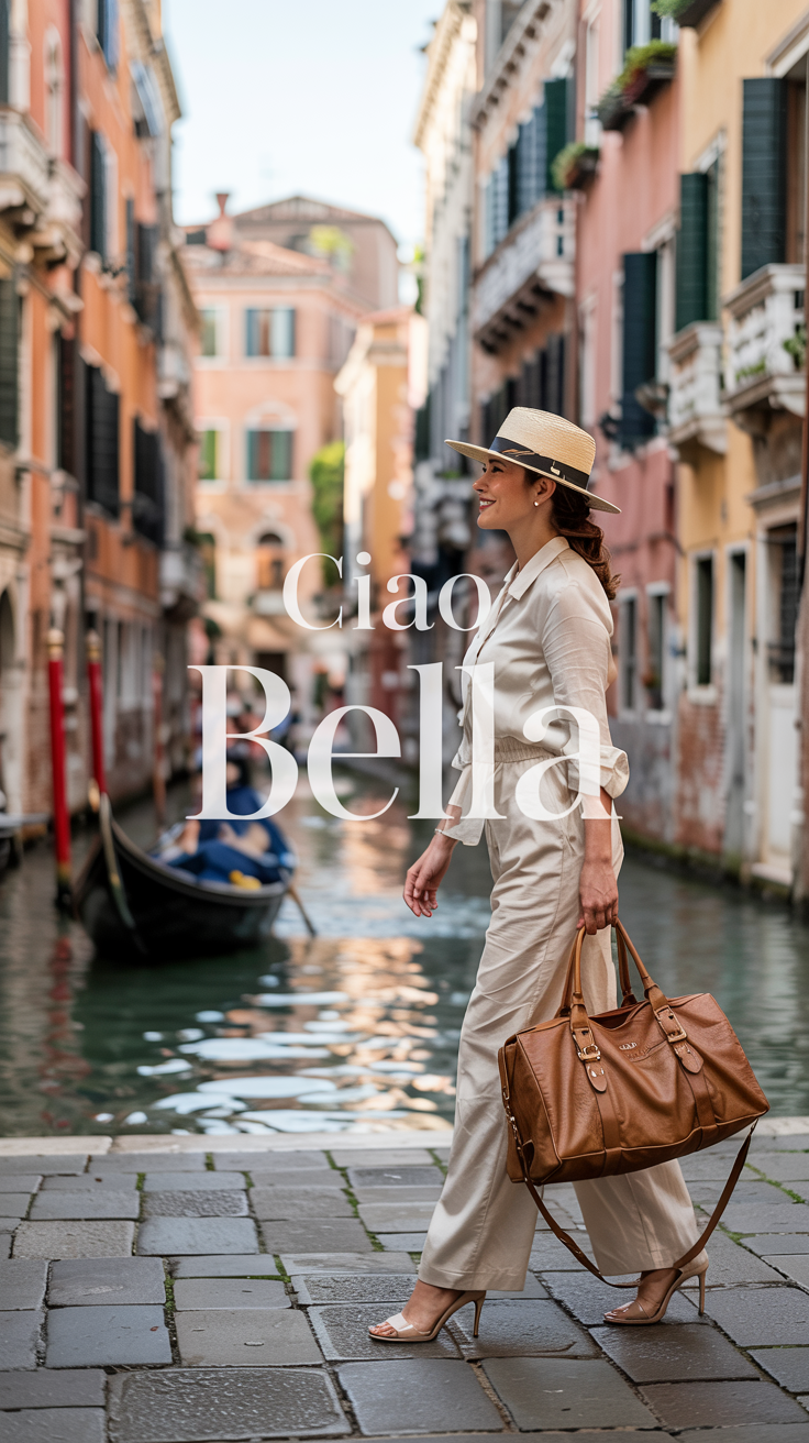 Stylish woman over 50 walking along a Venetian canal in neutral travel attire with a leather Travel bag, smiling confidently in golden hour light