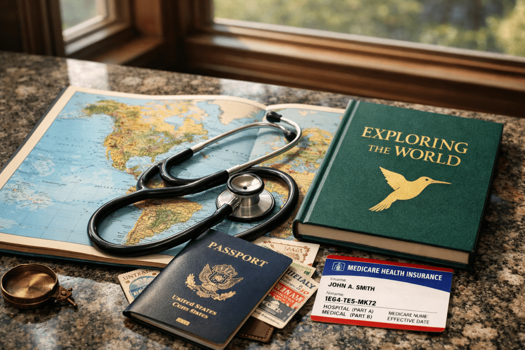 Medicare travel coverage planning with passport, map, and healthcare documents for international travel.