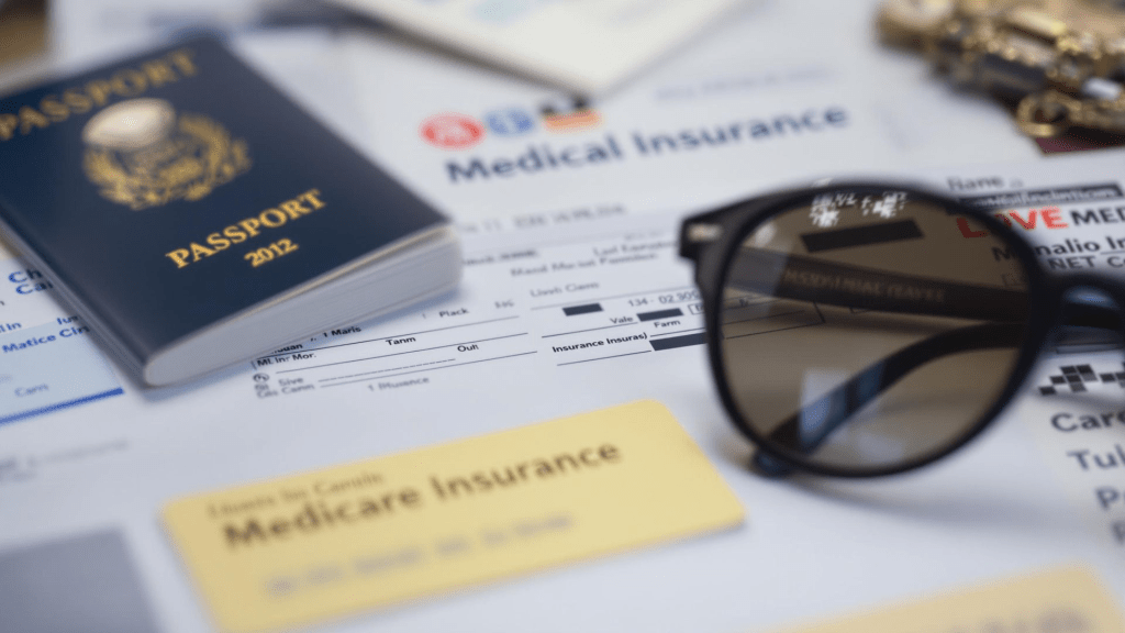 Travel essentials including passport and coverage paperwork, highlighting Medicare's lack of international coverage.