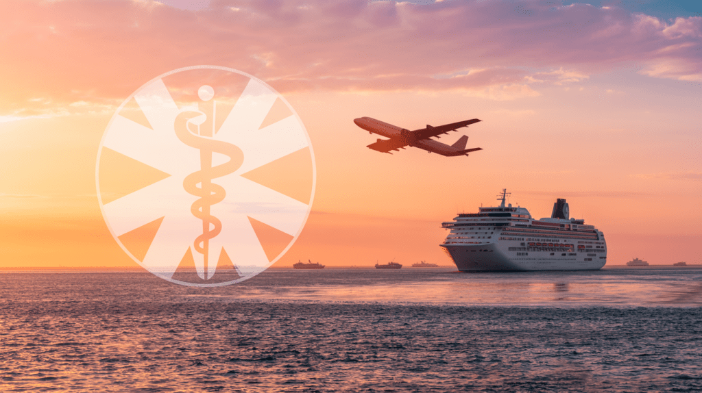 Airplane and cruise ship at sunset with medical symbol overlay, representing the risks of traveling without proper health coverage for women 50+.