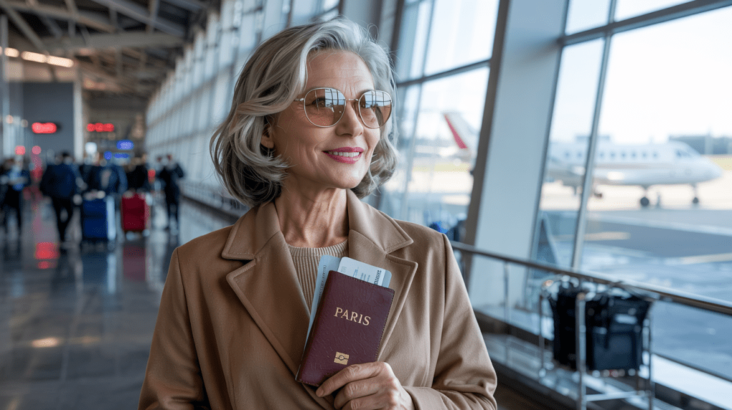 Woman over 50 traveling confidently with passport, representing freedom and clarity in midlife travel planning.