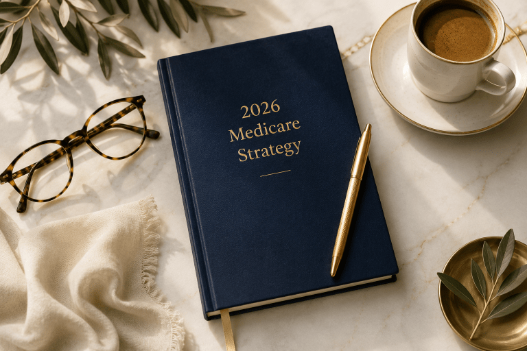 Flat lay of a navy notebook labeled 2026 Medicare Strategy with glasses, gold pen, and coffee for a 2026 IRMAA planning article