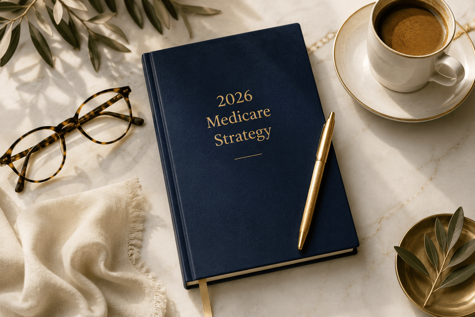 Flat lay of a navy notebook labeled 2026 Medicare Strategy with glasses, gold pen, and coffee for a 2026 IRMAA planning article