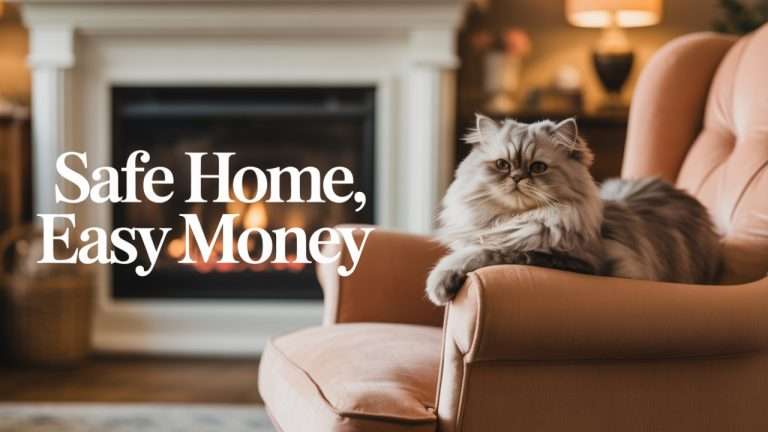 Long-haired Persian cat lounging on a peach armchair by a cozy fireplace, symbolizing comfort, safety, and the ease of house sitting for older women.
