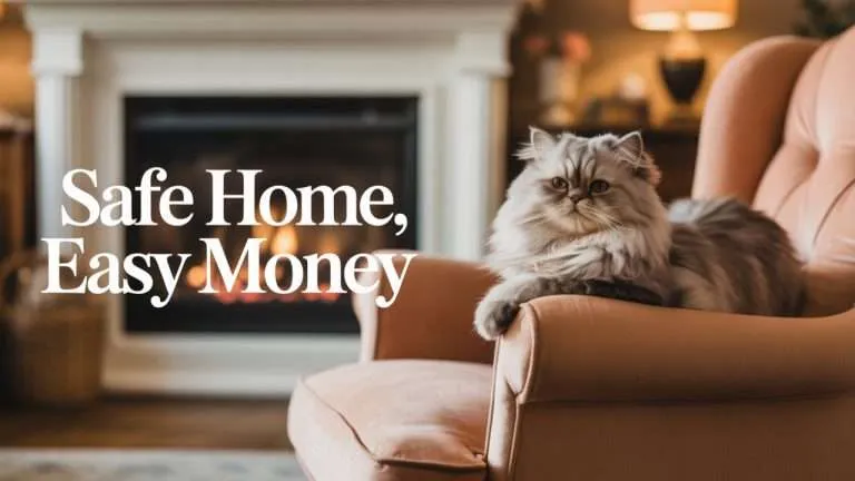Long-haired Persian cat lounging on a peach armchair by a cozy fireplace, symbolizing comfort, safety, and the ease of house sitting for older women.