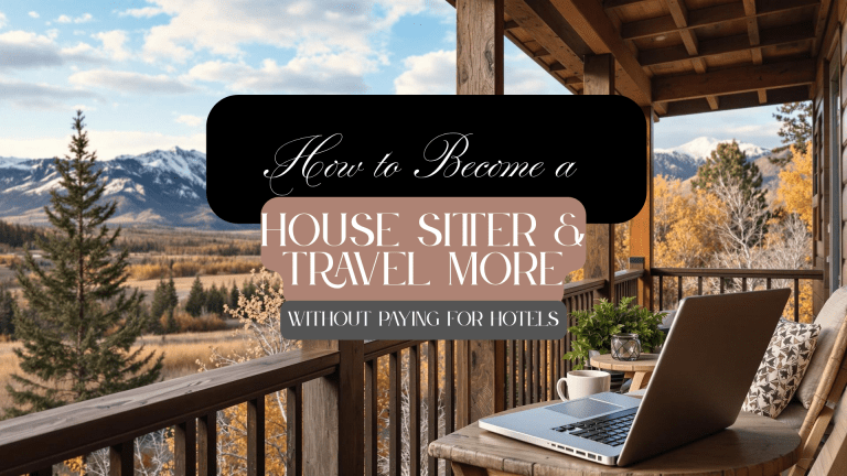 Mountain-view porch with laptop, coffee, and cozy seating—visual of remote living as a house sitter.