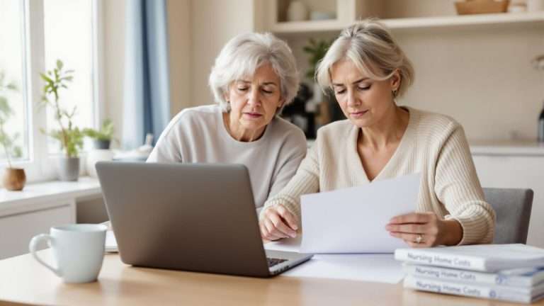 Adult daughter and elderly mother sitting at a table reviewing Medicare nursing home cost documents on a laptop, symbolizing caregiving and financial planning.