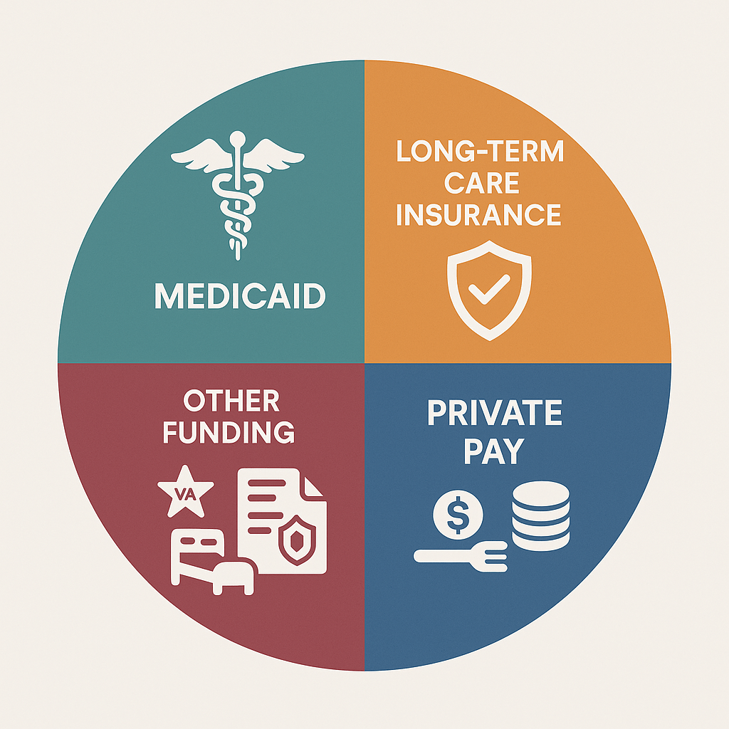 Main funding options for paying for nursing home care after Medicare coverage ends.