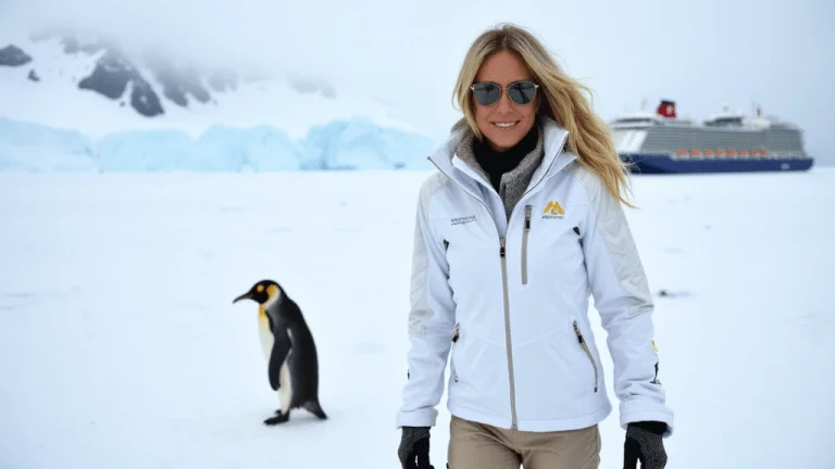 Woman in white winter jacket standing on Antarctic ice with penguin and expedition cruise ship in background — Antarctica packing list and travel guide for women over 50.