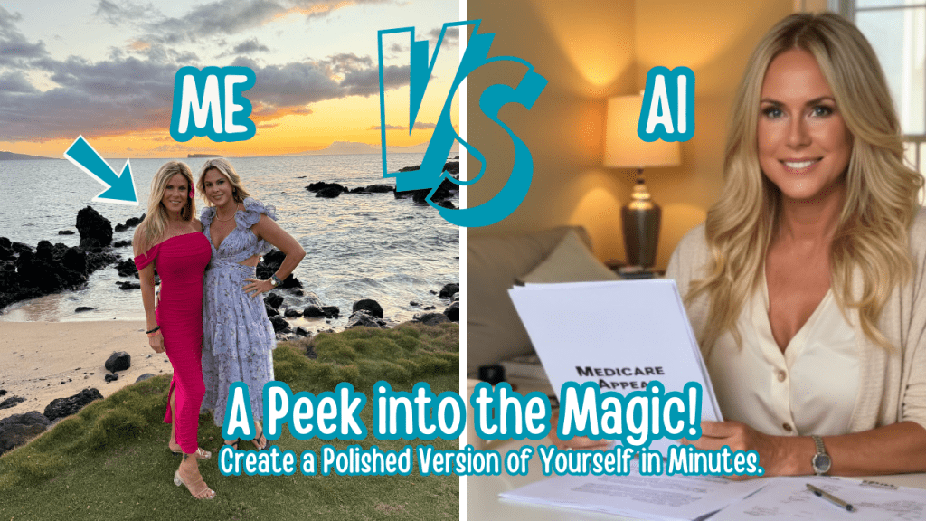 Side-by-side comparison of real-life photo versus AI avatar version showing how to create a polished version of yourself using AI video tools.