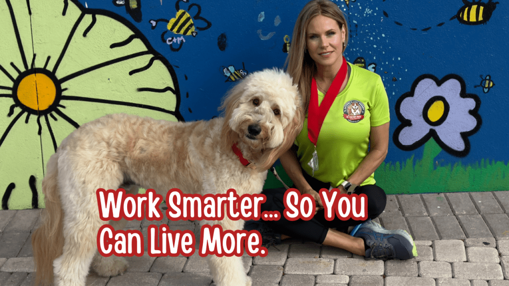 Robin with her Goldendoodle Hollywood enjoying free time while AI video tools handle the video creation work in the background.