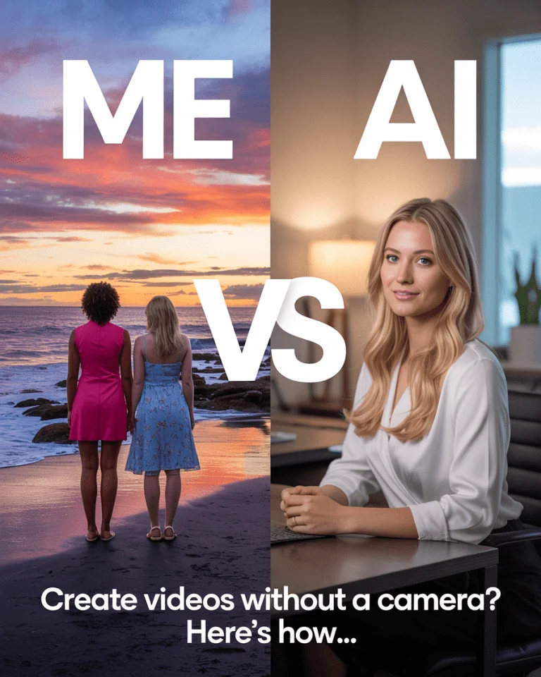 Side-by-side comparison of real-life photo versus AI avatar version showing how to create a polished version of yourself using AI video tools.