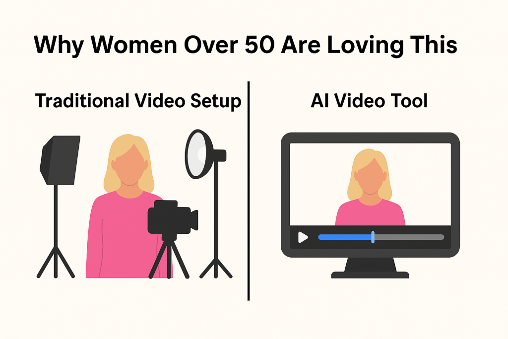 Side-by-side comparison of traditional video setup with camera and lights versus AI video tool on a computer screen for easy, no-camera video creation.