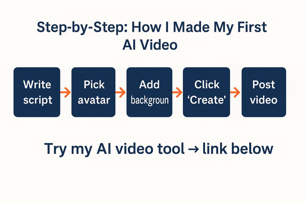 Simple five-step flowchart showing how to create a video with an AI video tool: write script, pick avatar, add background, click create, post video.