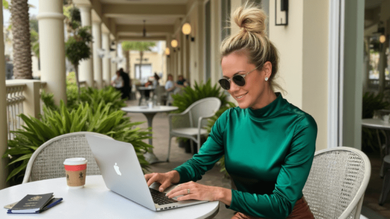 Robin Dall working on her laptop at an outdoor café, wearing a green satin top and sunglasses, creating content for RobinsWisdom.