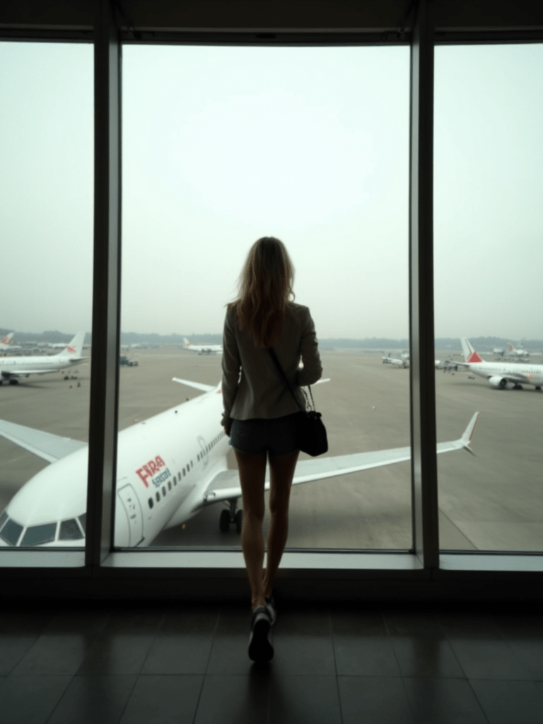Woman standing at an airport window looking at airplanes, symbolizing the decision to move abroad and the challenges expats face.