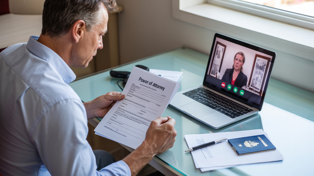 U.S. citizen abroad preparing to notarize a power of attorney online on a laptop