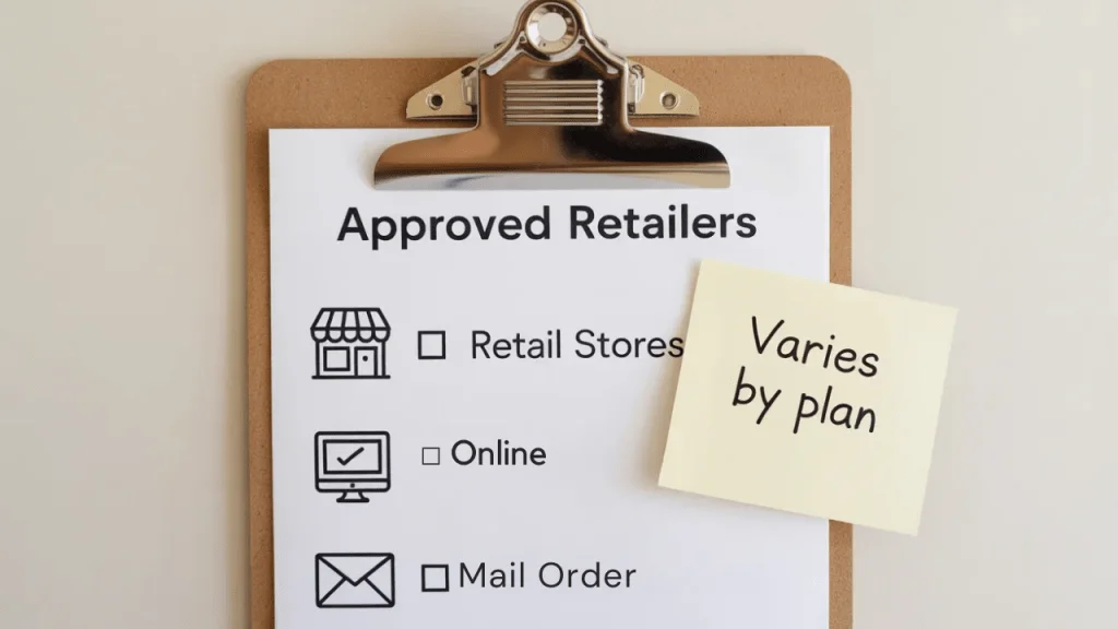 Checklist of approved retailers showing Medicare Advantage OTC and grocery benefits may be limited to plan-approved stores and online options.