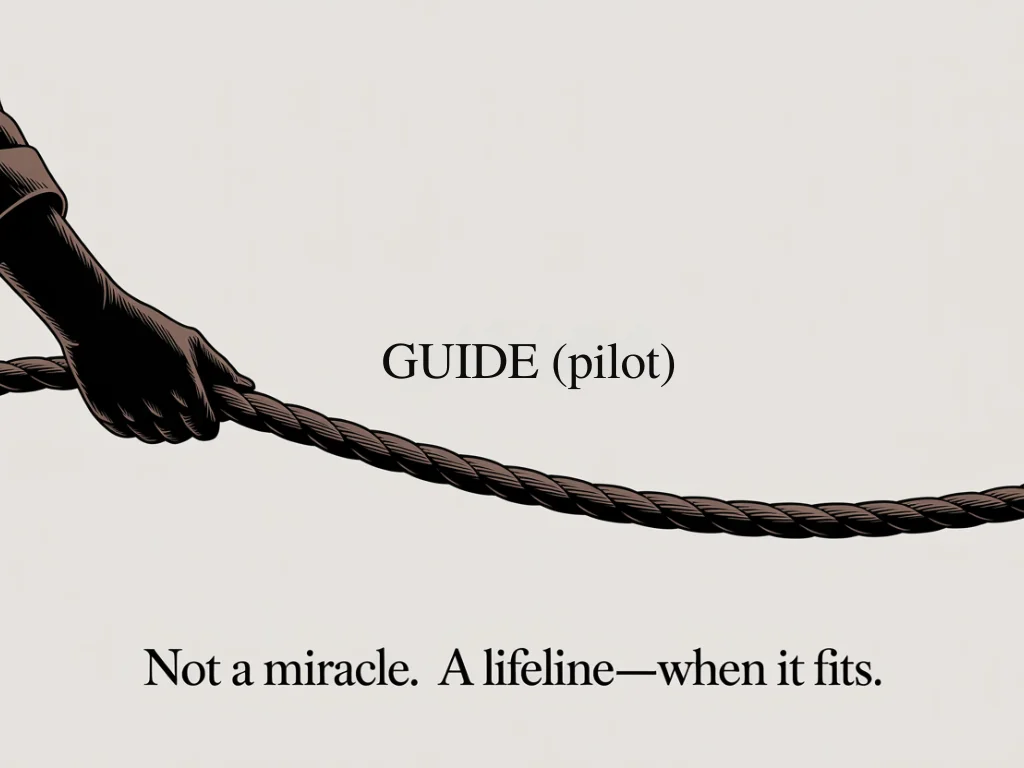 This illustration represents the Medicare GUIDE Model as a lifeline for dementia caregivers. The image emphasizes that GUIDE is a CMS pilot program that may provide meaningful support, including coordinated care and limited respite, but it is not universal, automatic, or traditional Medicare coverage. GUIDE can help caregivers when they clearly understand what the program is and what it is not.