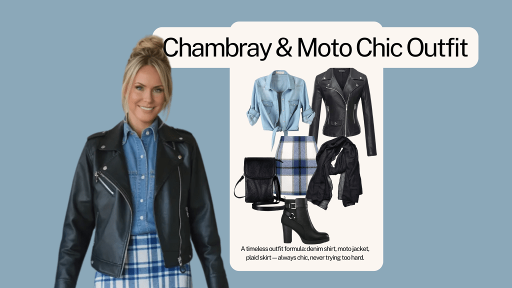 Winter outfit idea featuring chambray shirt, black moto jacket, blue plaid skirt, and black ankle boots for a casual chic look.