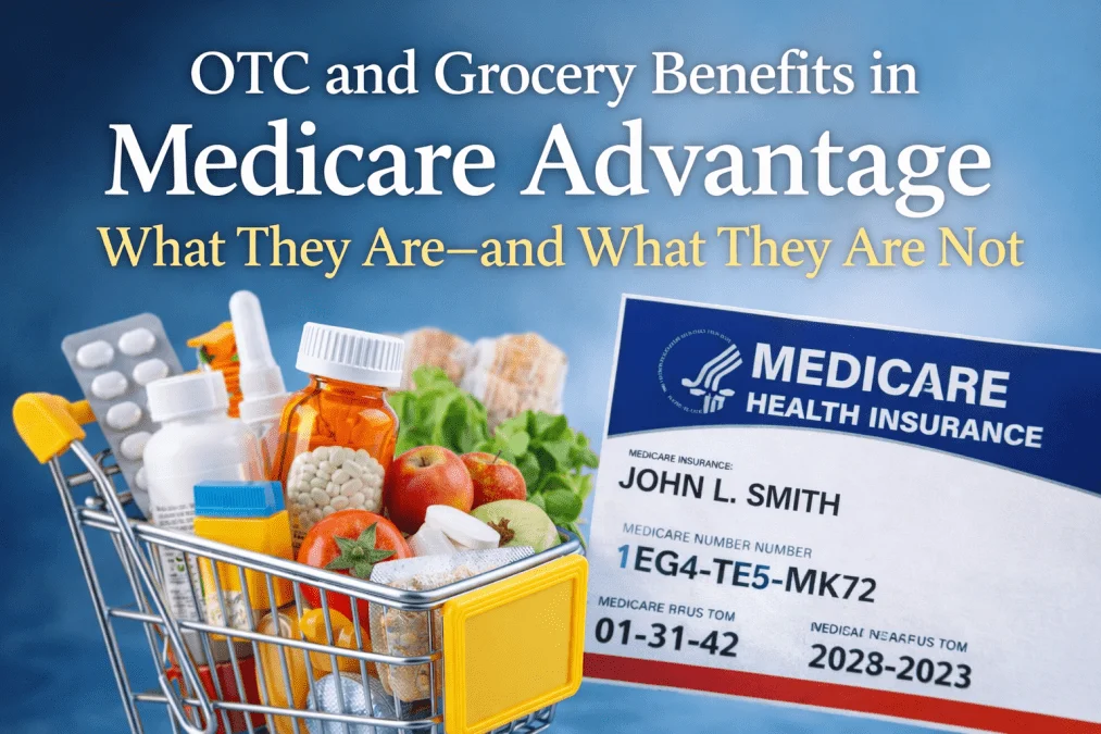 Shopping cart filled with over-the-counter medications and fresh groceries beside a Medicare card, with headline text reading ‘OTC and Grocery Benefits in Medicare Advantage: What They Are—and What They Are Not.