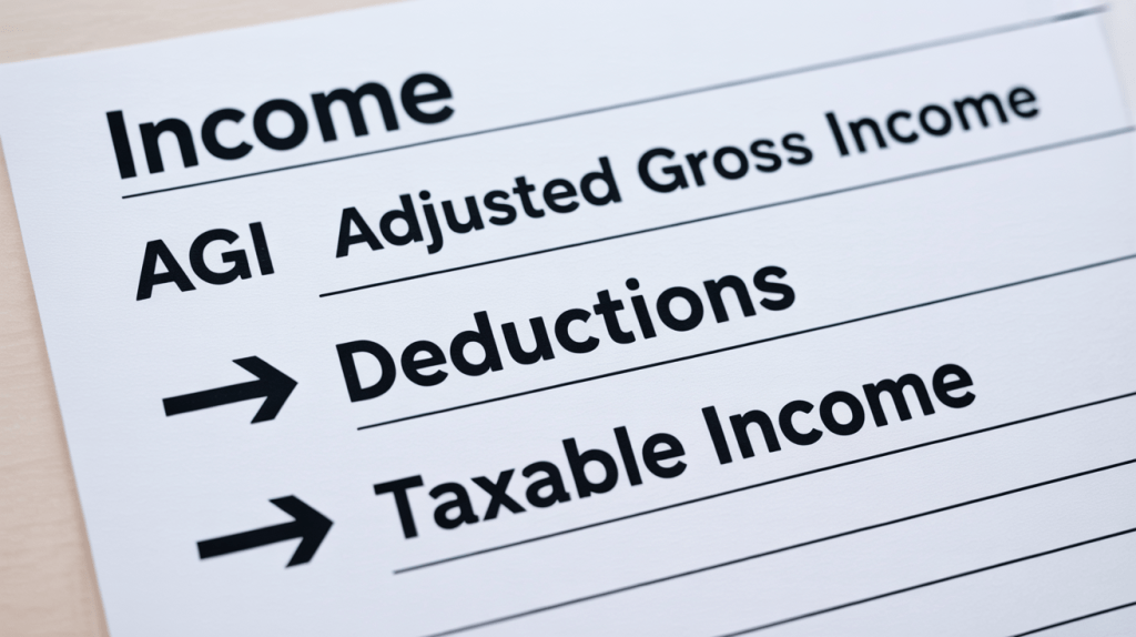 Diagram showing how income flows to adjusted gross income (AGI), then deductions, resulting in taxable income.