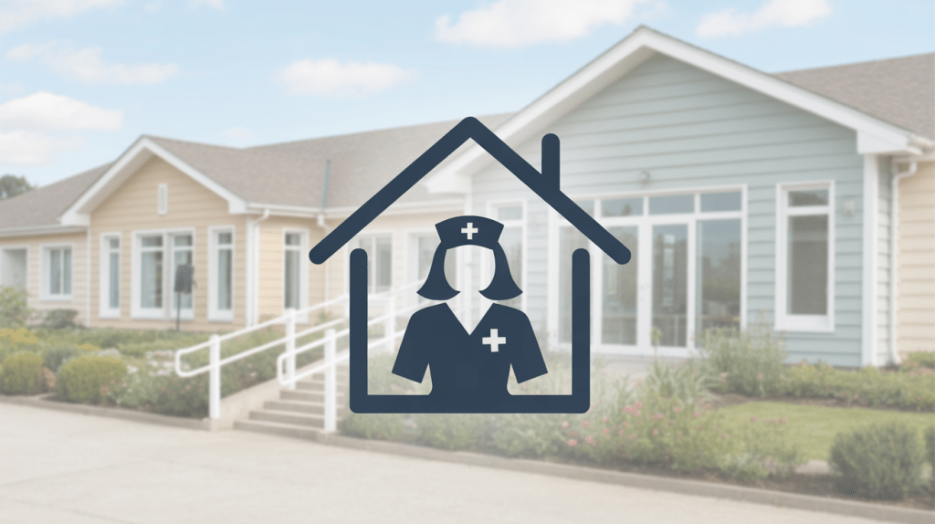 Graphic representing a nursing home or long-term care facility with a healthcare staff icon.