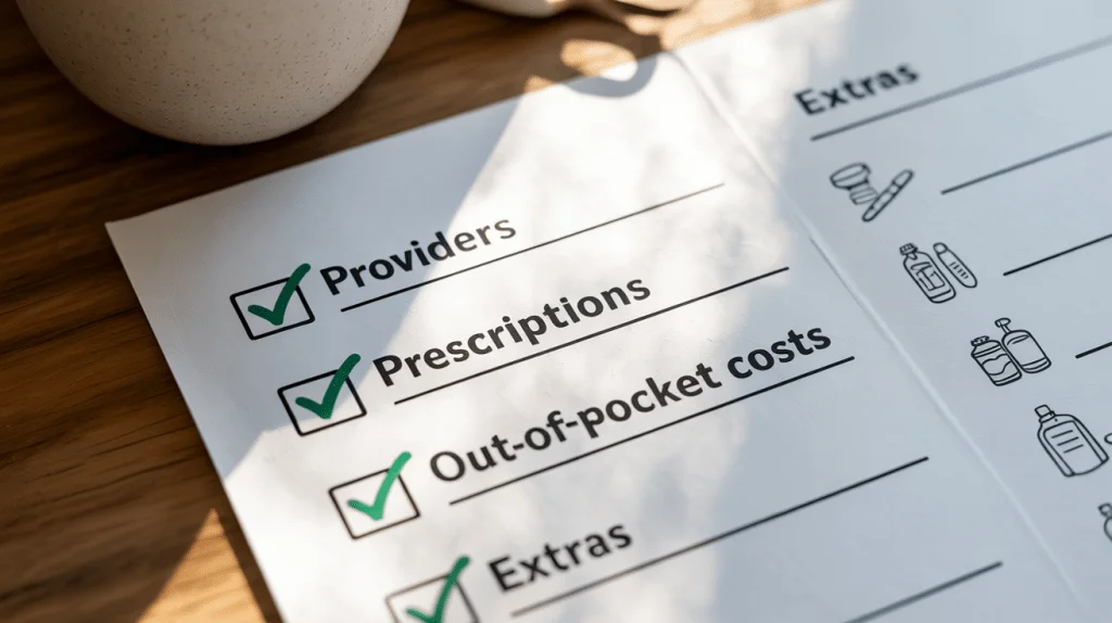 Checklist highlighting providers, prescriptions, and out-of-pocket costs as essentials when comparing Medicare coverage, with OTC and grocery benefits shown as extras.
