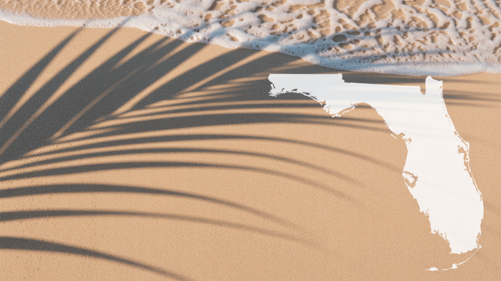 Florida state outline overlaid on a sandy beach background with ocean waves.