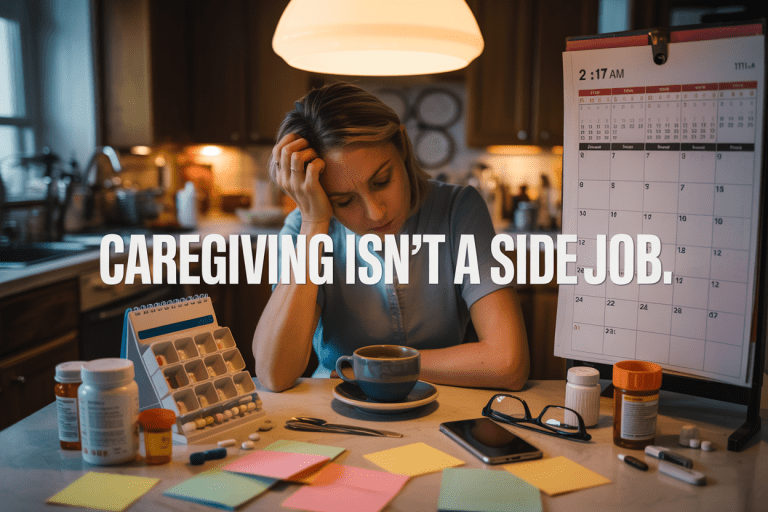 A caregiver sitting at a kitchen table at 2:17am with a cold cup of coffee, pill organizer, sticky notes, and a calendar full of reminders.