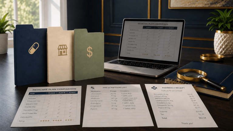Medicare Part D plan comparison worksheet, prescription list, pharmacy receipt, and laptop showing a Medicare plan comparison for 2026.