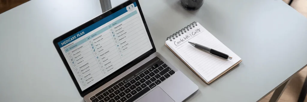 Laptop and checklist showing how to verify OTC and grocery benefits in Medicare Advantage plans before choosing coverage.