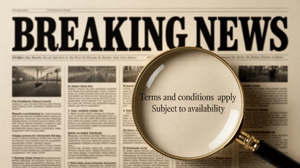 Magnifying glass highlighting terms and conditions over a breaking news headline, illustrating why OTC and grocery benefits in Medicare Advantage are often misunderstood.