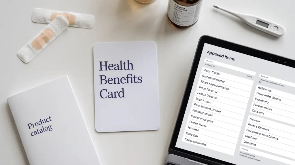 Benefit card, catalog, and online portal illustrating common ways Medicare Advantage OTC benefits may be provided for approved over-the-counter items.